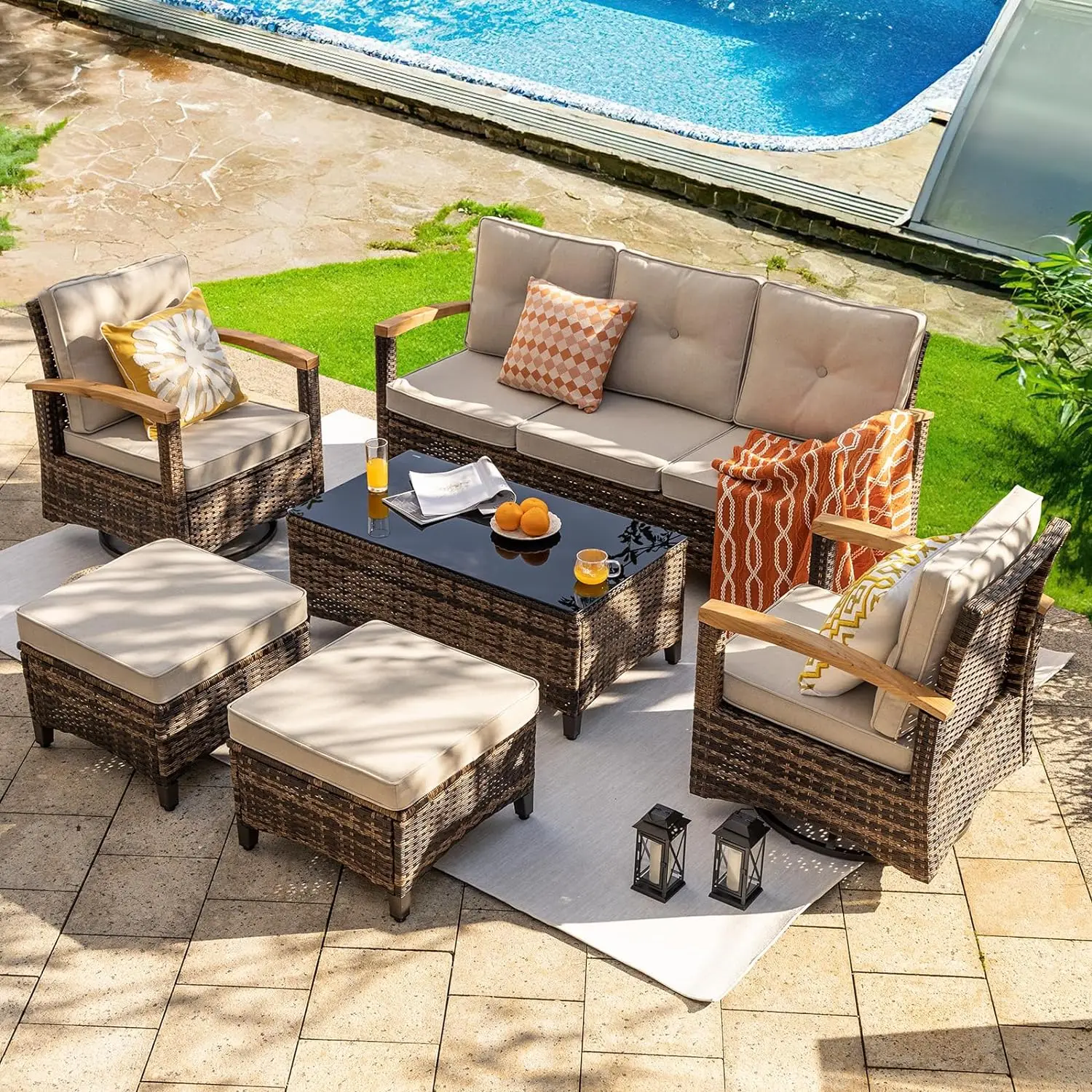 

Patio Furniture Sets, 6 Pieces Outdoor Rattan Furniture Conversation Sets with 2 Wood Armrests Swivel Rocker Chairs, 2 Ottoman