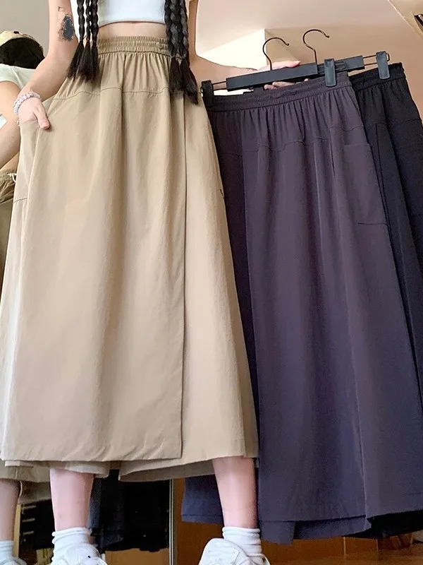 High Waist A-Line Pear Shaped Midi Skirt Mountain Style Khaki Spring New Arrival Women's Fashion Skirts Non-Stretch Polyester