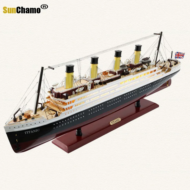 50-100CM Wooden Titanic Cruise Ship Model with LED Lights Decoration Wood Sailing Boat Craft Creative Home Living Room Decor