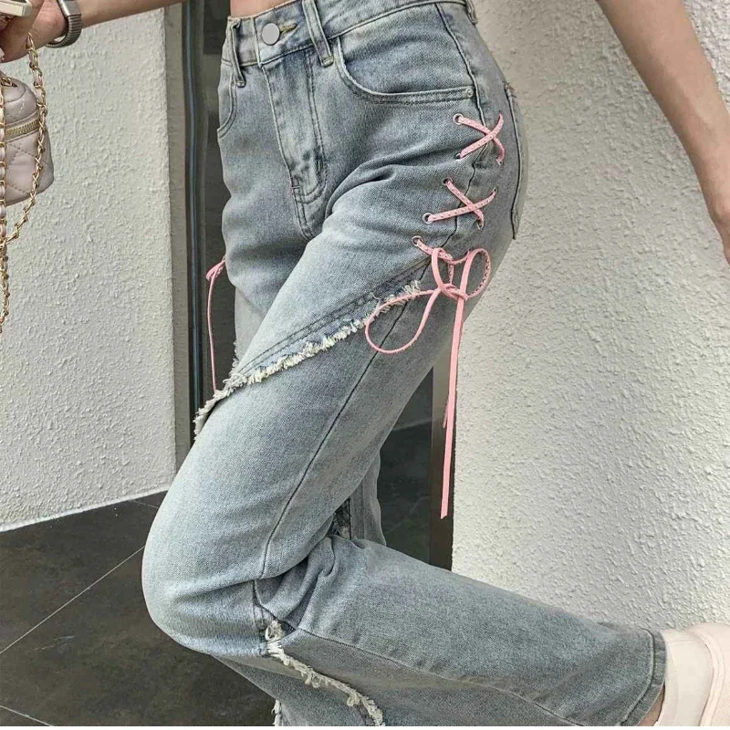 American Split Jeans Women Pink Bandage High Waist Irregular Spliced Denim Pants Zipper Fly Trousers Y2k Pantalon Femme