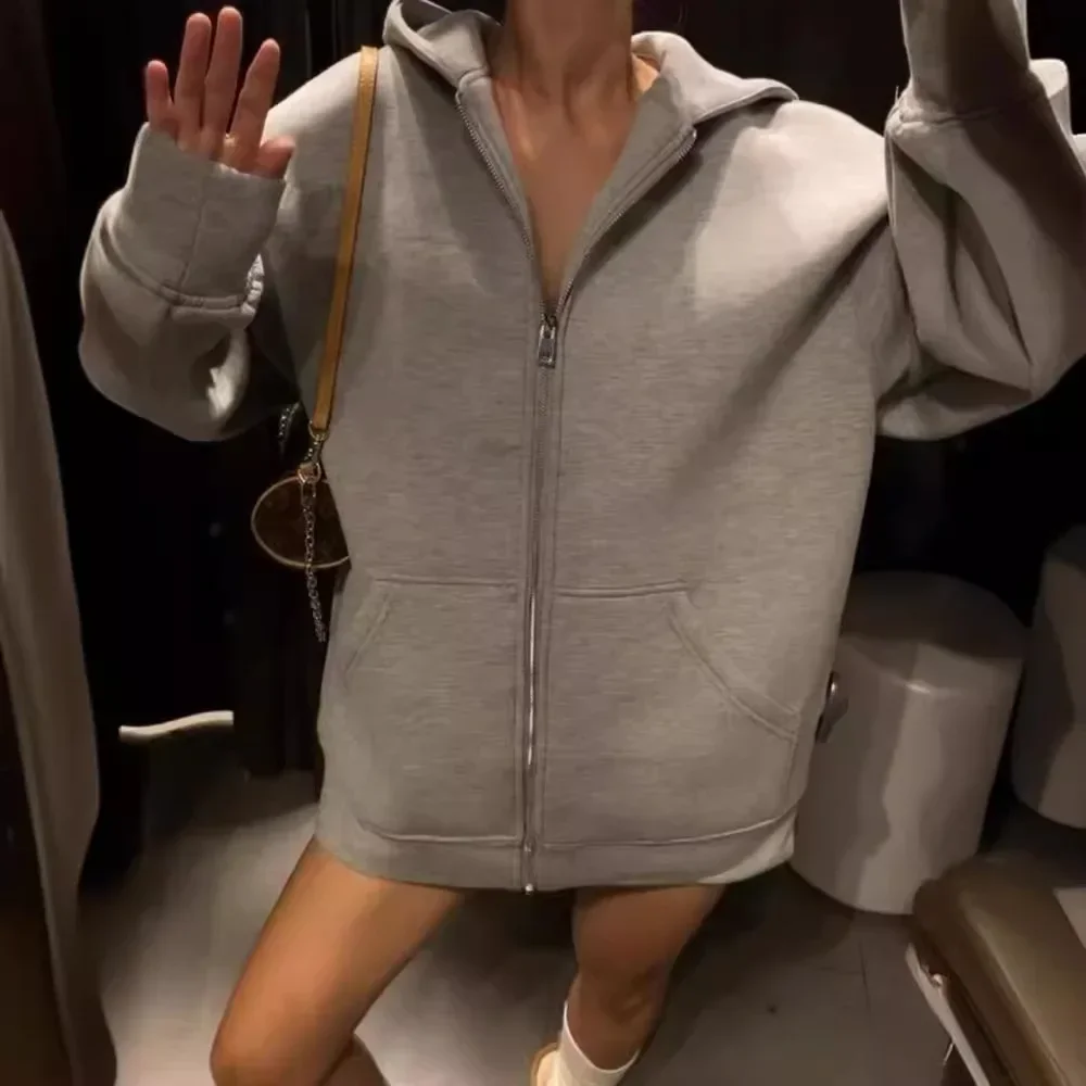 Autumn Winter Warm Long Jacket With Hood Long Sleeve Zipper Gray Bomber Jacket Y2k Women Casual Outerwear Coat Tops Streetwear