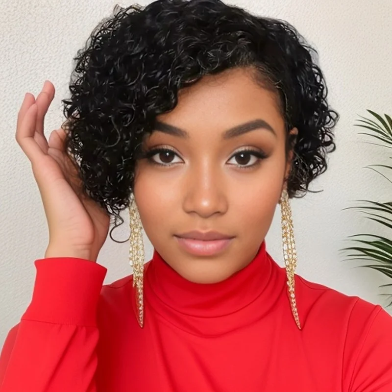 짧은 곱슬 픽시컷 가발 인모 13X4X1 클로저 글루리스 가발 인모 프리 플러킹 프리 컷