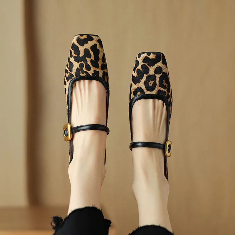 Phoentin Designer Leopard print mary janes buty dla kobiet 3cm niskie obcasy 2024 retro kwadratowe toe czarne czółenka FT3647