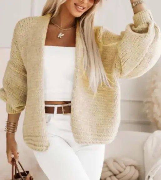 

2025 autumn and winter new fashion elegant solid color thick needle cardigan V-neck lantern sleeve jacket women's clothing