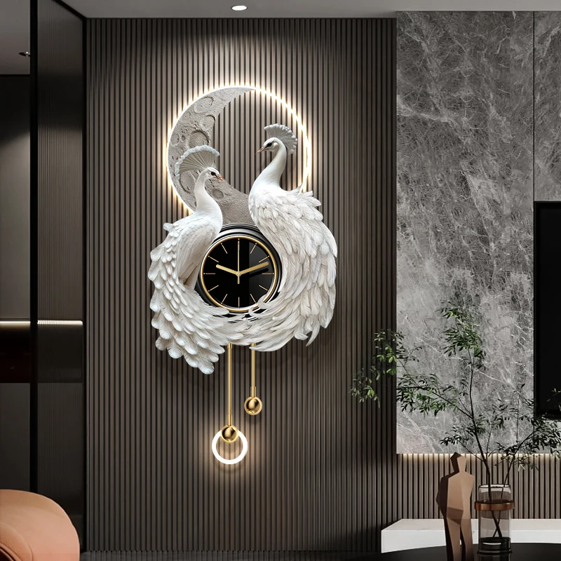 High end clock living room background wall decoration painting, 3D peacock hanging painting, creative wall lamp