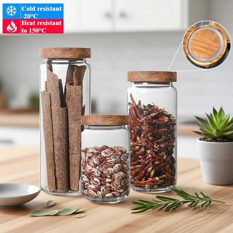 

Large Capacity Glass Sealed Jar with Wood Lid Explosion-proof and Heat-resistant Food Container Spices Coffee Bean Storage Tank