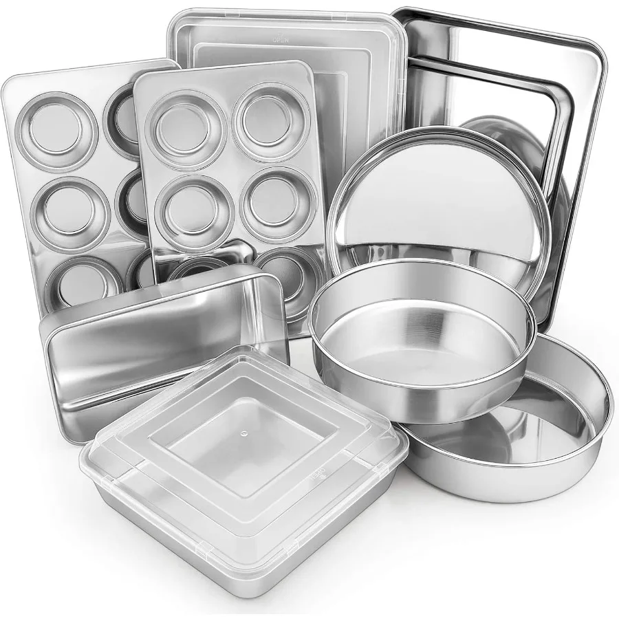 

12-Piece Stainless Steel Bakeware Sets, Metal Baking Pan Set Include Round Cake Pans, Square/Rectangle Baking Pans with Lids, Co