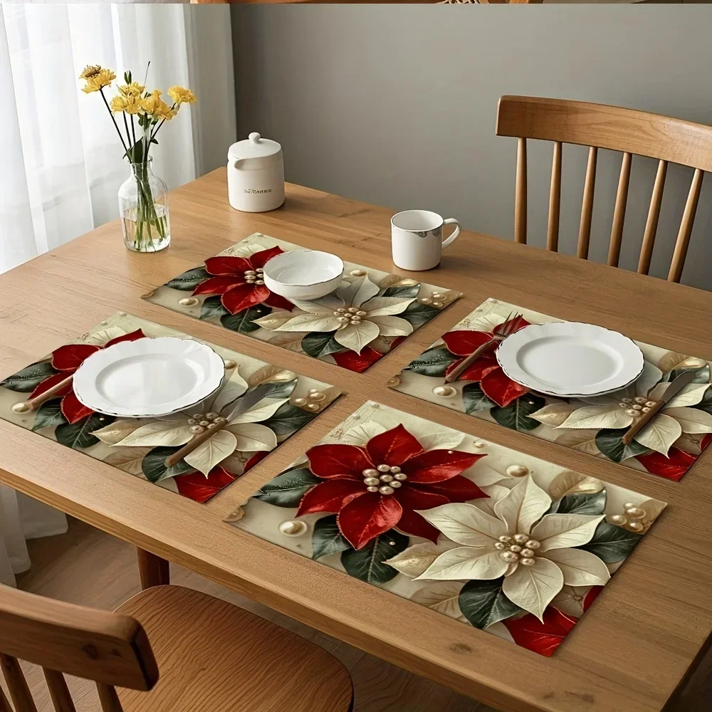 VIKAMA Christmas Poinsettia Placemats Retro Flower Linen Table Mats Heat‑Resistant Washable for Holiday Kitchen Dining Decor