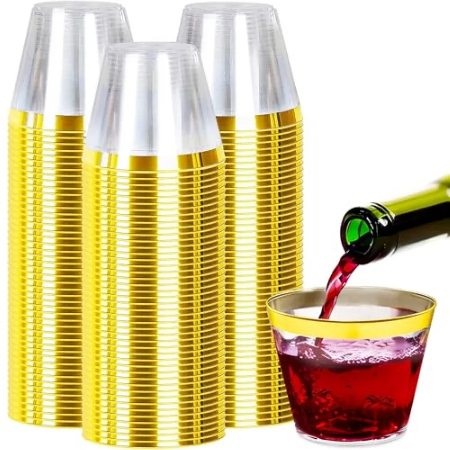 

100pcs 9oz Gold Plastic Cups, Disposable Crystal Clear Plastic Party Cups for Weddings, Birthdays, Events