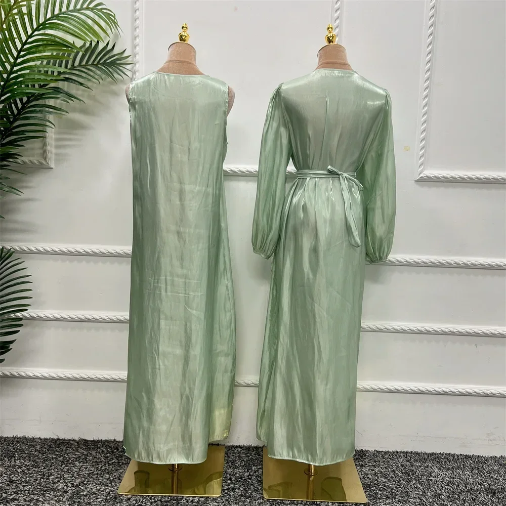 Marokko Kaftan Muslim Abaya Frauen Kleid 2-teiliges Set Kebaya Kleid Perlen Dubai Arabisch Satin Kimono Strickjacke Robe Outwear Ramadan