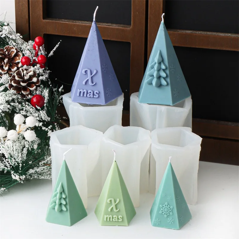 

3D New Creative Christmas Simple Christmas Tree Silicone Candle Mold DIY Triangle Taper Snowflake Aroma Plaster Ornament Decor