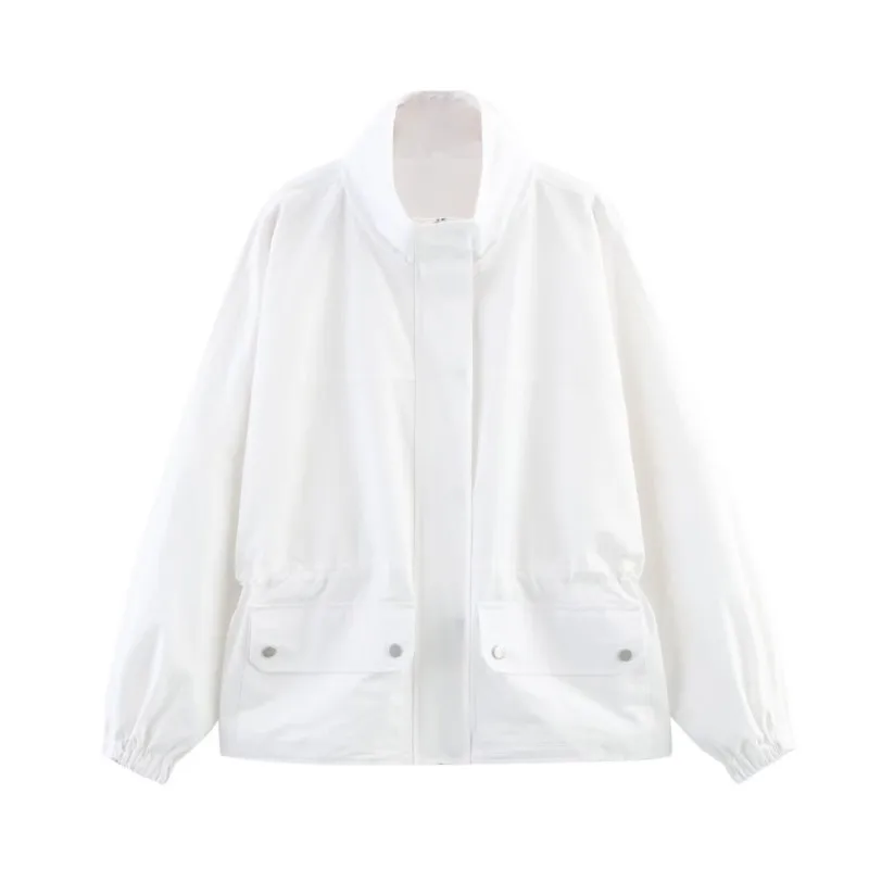 

HipSeam Women Stand Collar Jacket With Pocket Autumn Vintage Simple Long Sleeve Button Lady Coat Casual Jackets Female Coat