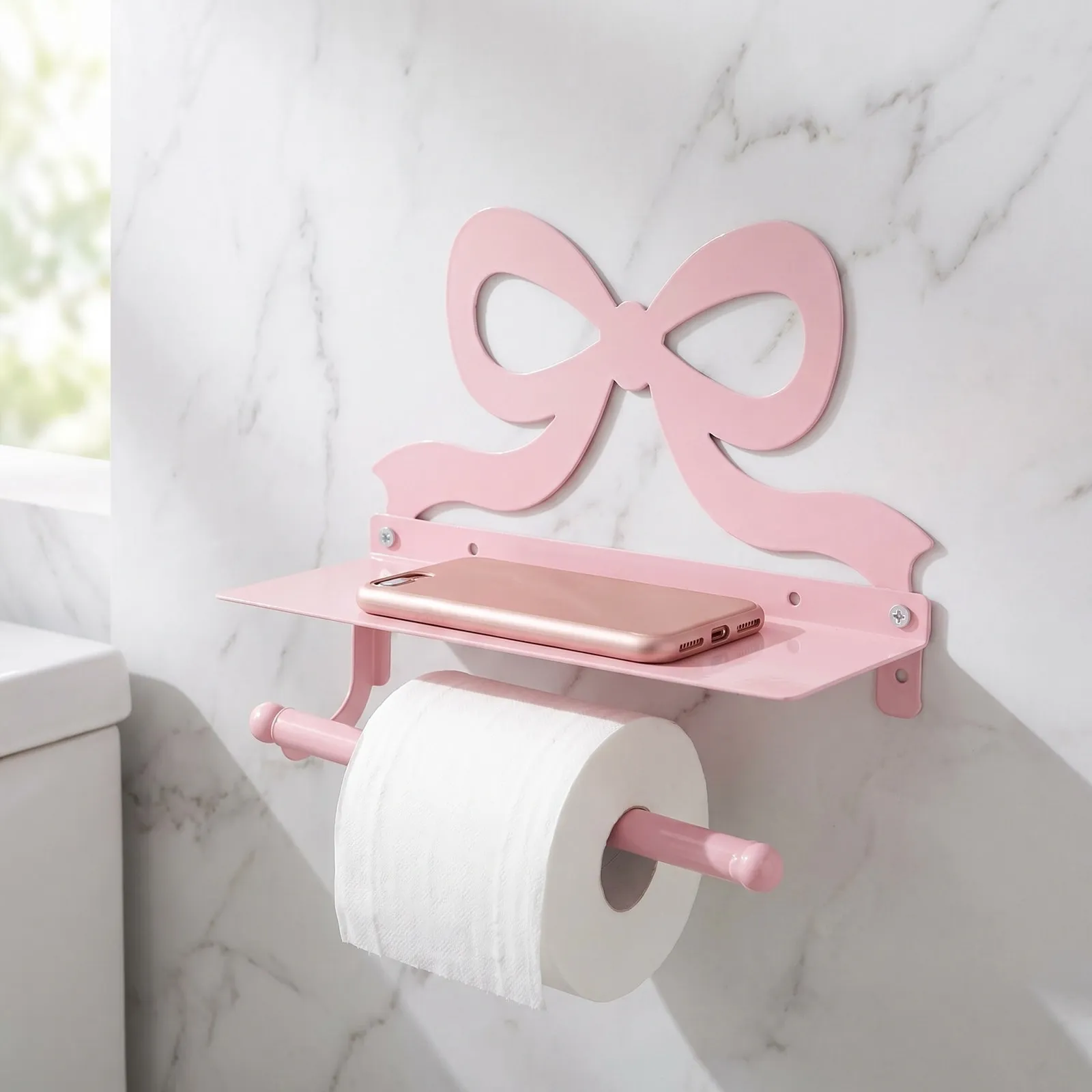 Pink Bow Metal Wall Mounted Toilet Paper Holder Bathroom Tissue Shelf Phone Storage Decorative Organizer Toilet Roll Holder