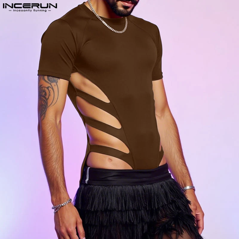 INCERUN, monos para hombre de Color sólido con cuello redondo, manga corta, peleles sexis calados para hombre, ropa de calle, mono ajustado de moda para hombre 2025