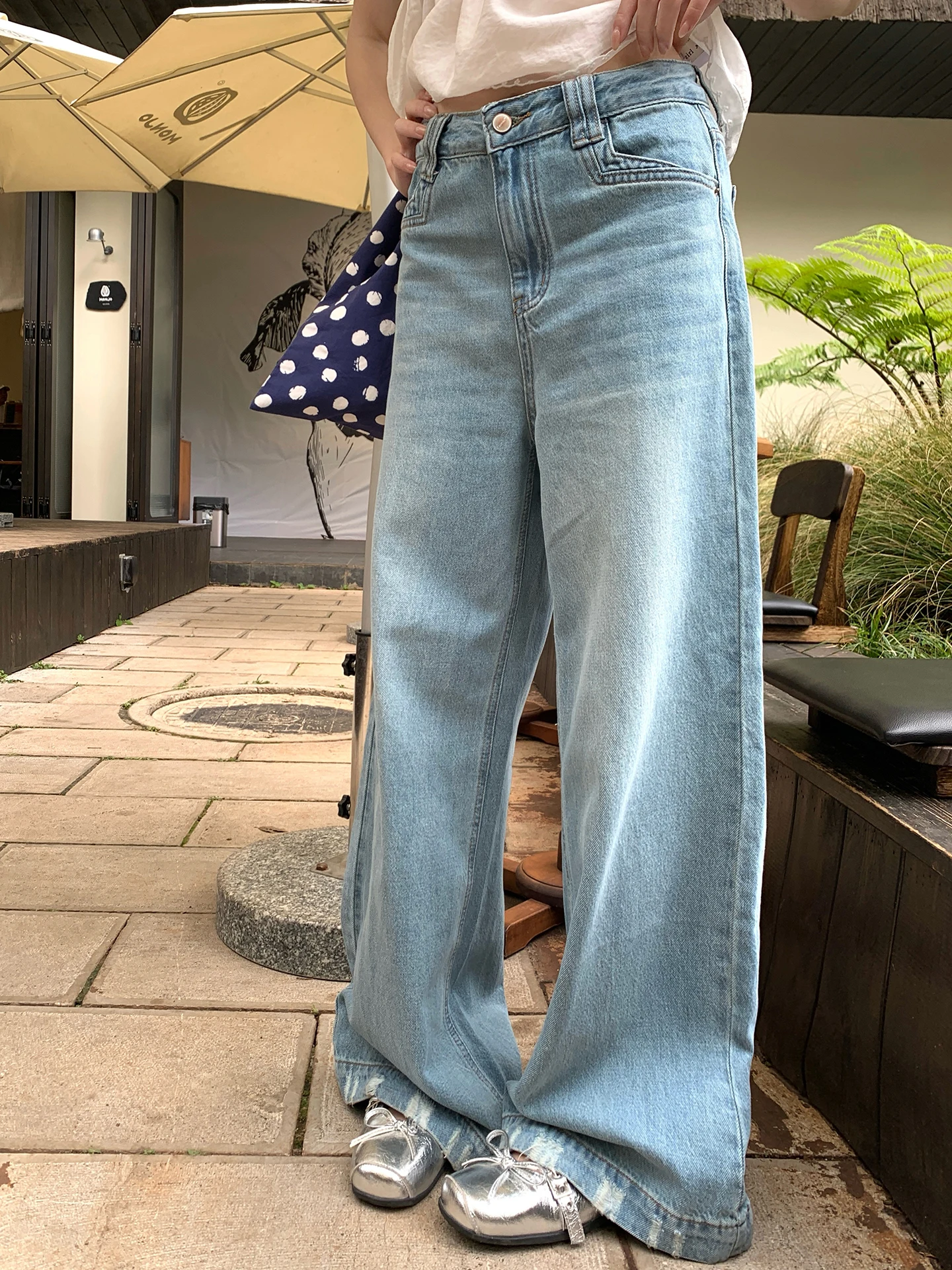 

Джинсы женские с высокой талией, широкими штанинами, в американском ретро-стиле, с эффектом потертости, прямые, стройнящие, длинные брюки