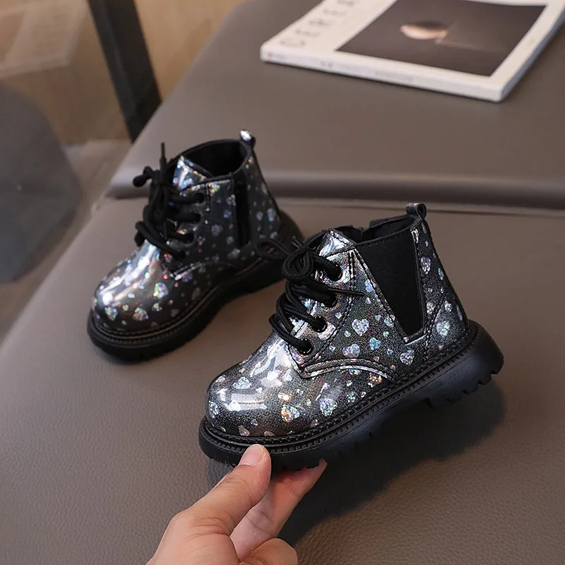 Autumn Baby Girls Boots Printed Shining Heart Children's Ankle Boots Spring Non-slip Baby Riding Boots Kids Shoes