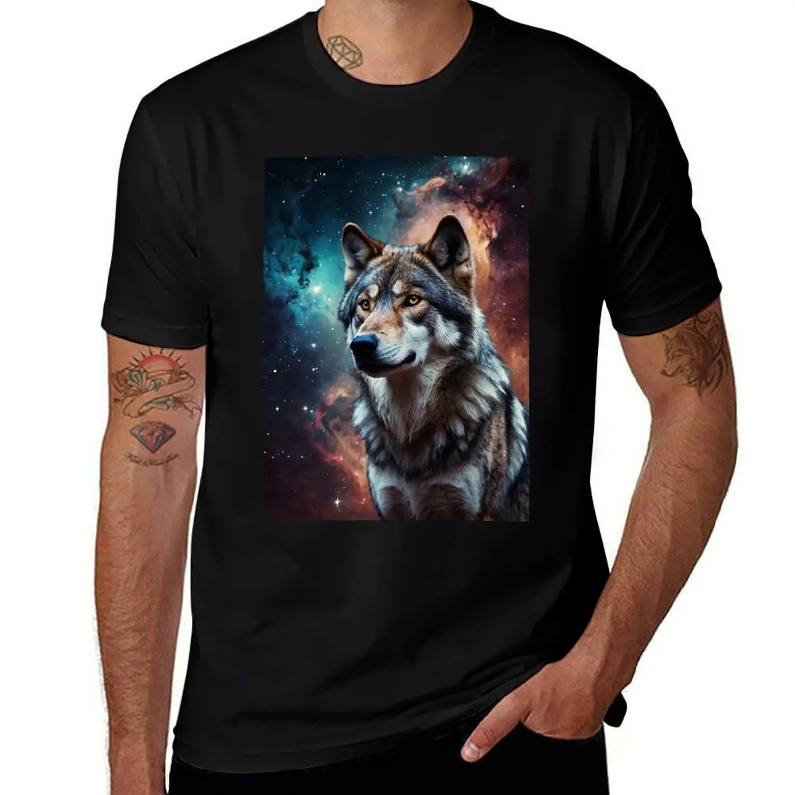 Mystical Wolf with Colorful Universe Background Cosmic Spirit Animal Art T-Shirt blue archive Men's cotton t-shirt