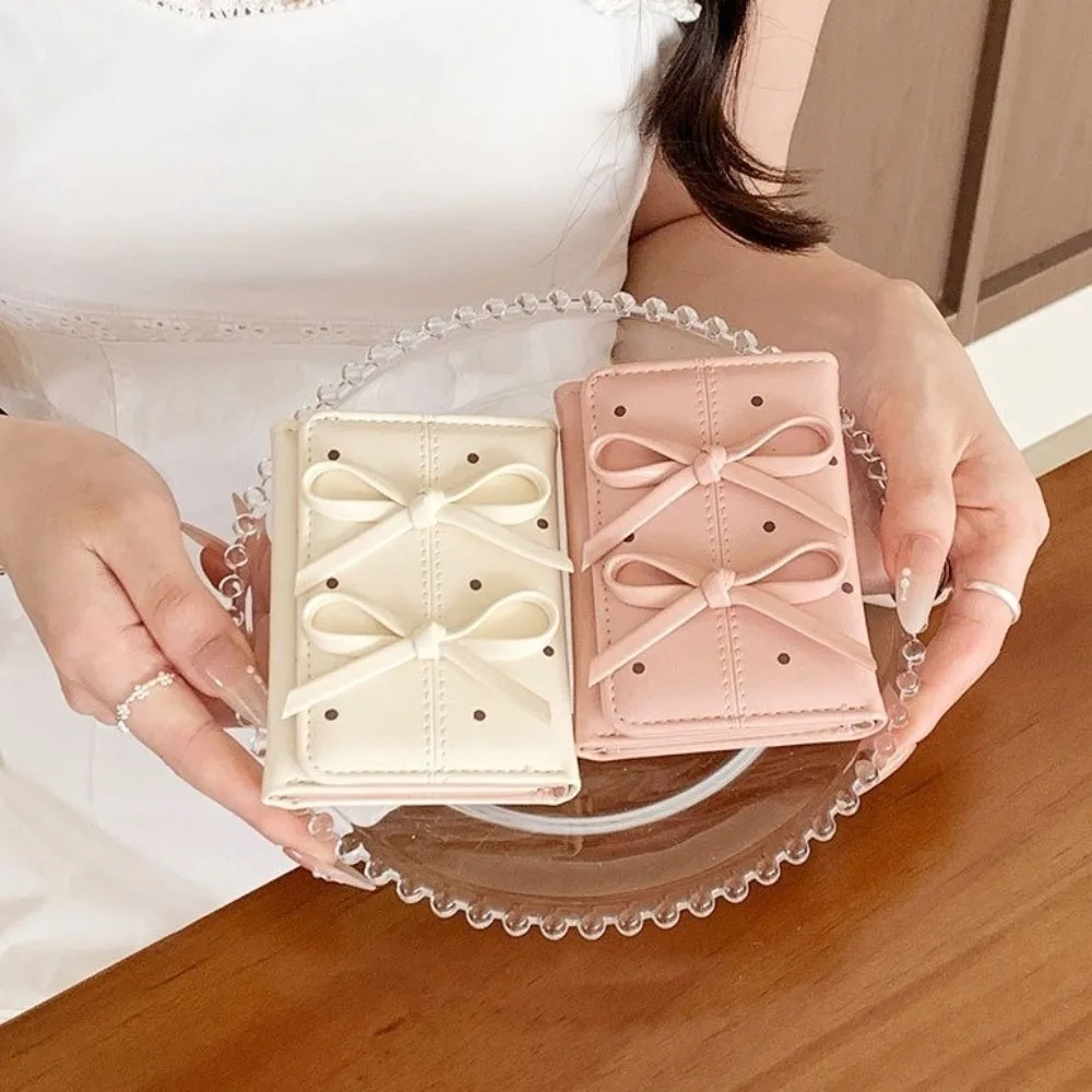 Fashion Cute Bow Small Wallet Multi Slot Polka Dot Bow Wallet PU Leather Three Fold Purse Women