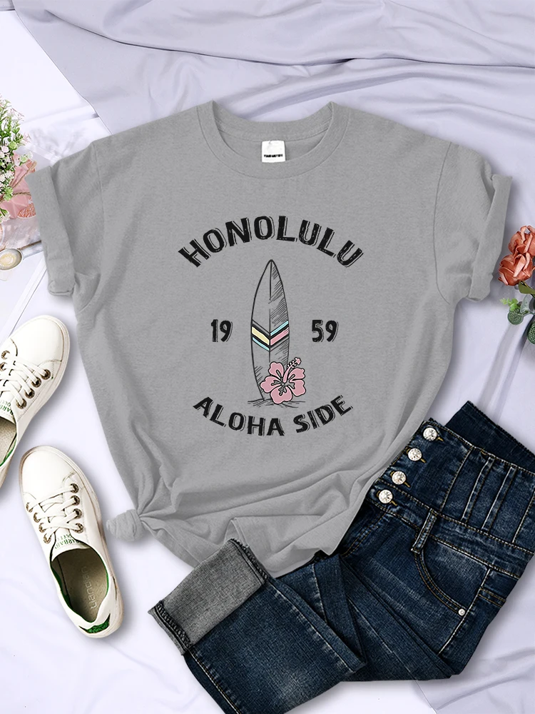 Honolulu 1959 Aloha Side Surfer Paradise Women T-Shirt Casual Loose Tshirts Street Breathable Tee Shirt Hip Hop Summer T Shirts