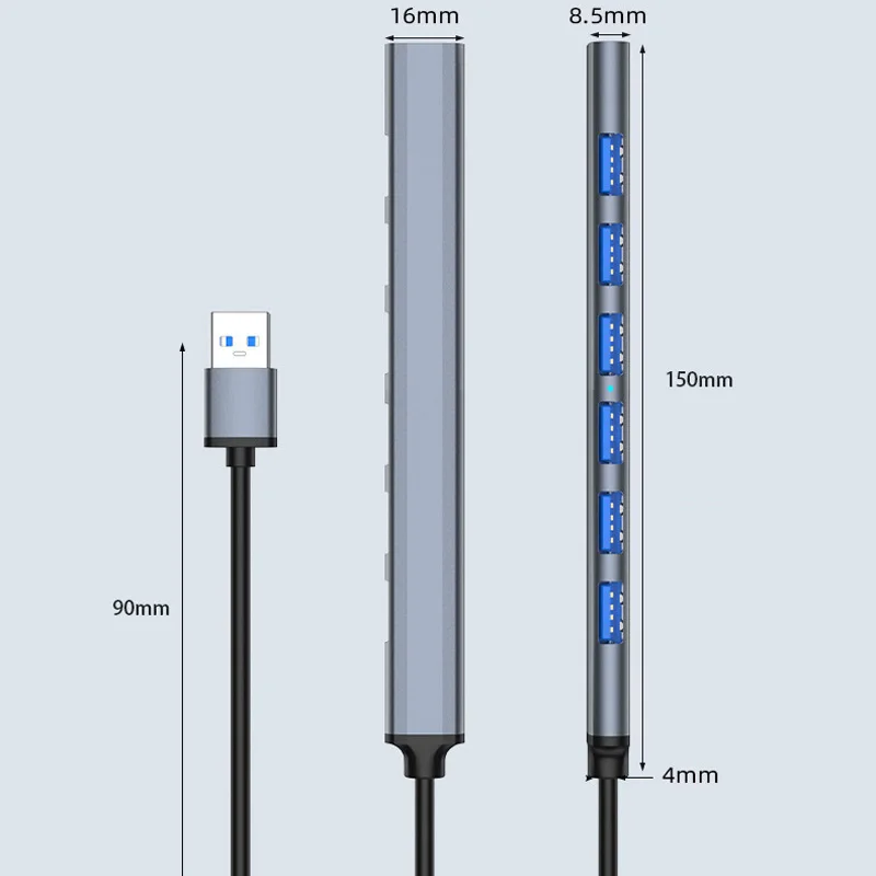 Adaptador de aluminio con 7 puertos USB tipo C 3,0/3,1, divisor múltiple, OTG, para PC, portátil, lector de tarjetas de disco duro móvil