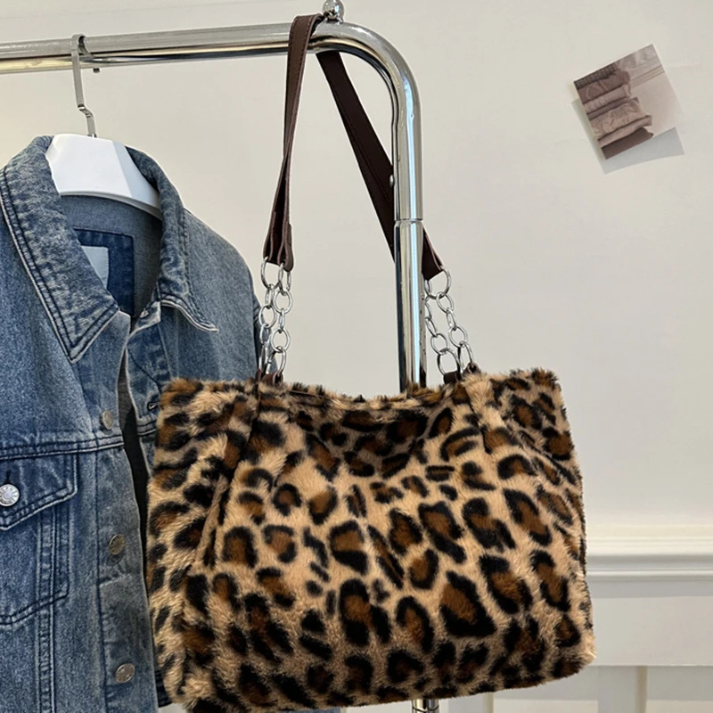 National Style Simple Women Leopard Tote Bag Lady Luxury Fluffy Shoulder Bag Chain Large Capacity Commuter Handle Bag