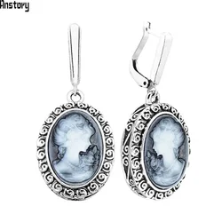 Lady Queen Cameo Earrings For Women Snail Pendant Vintage Earrings Antique Silver Plated Fashion Jewelry