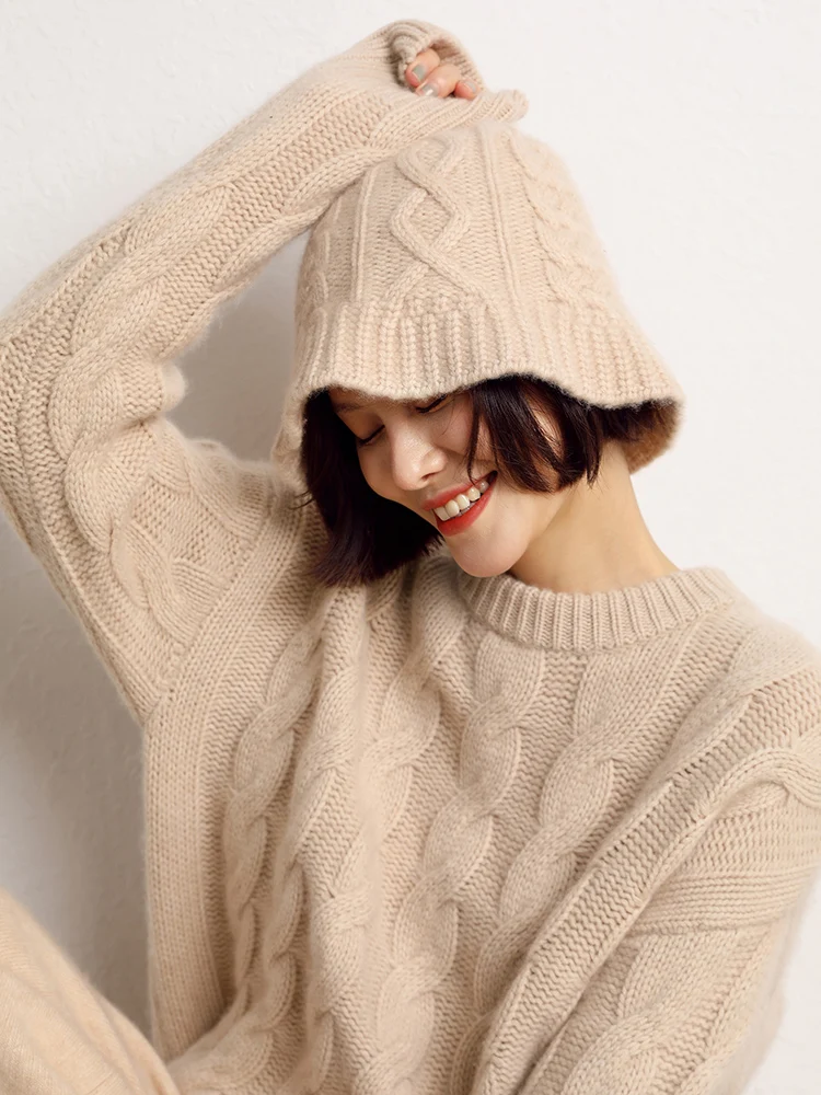 2025 シックな秋冬女性の 100% カシミヤケーブル編み漁師帽子暖かいプルオーバーキャップカジュアルスタイルカシミヤ帽子トップス