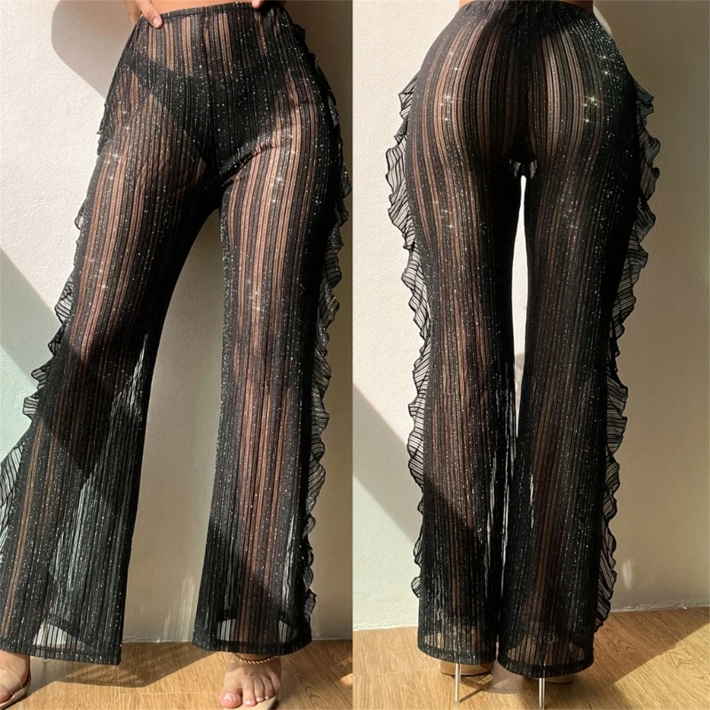 

Glitter Striped Sexy Ruffle Mesh Pant Cover Up Party Dance Clubwear for Women Drop Shipping