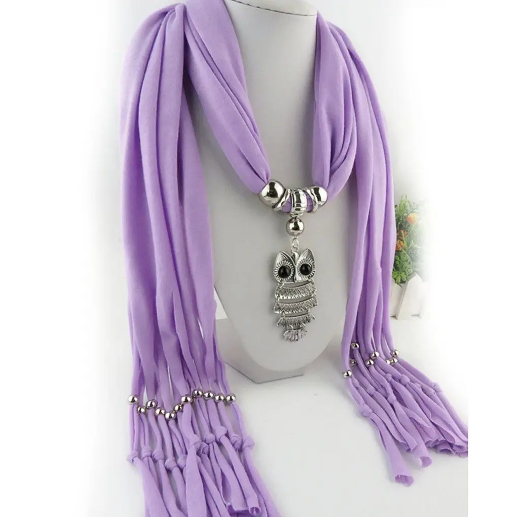 Woman\'s Classic Owl Pendant Jewelry Scarf Necklace Scarf Fringed Long Scarf