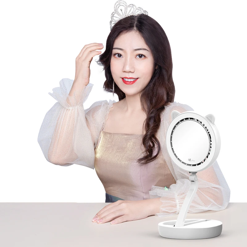 Desktop Fan with LED Light Mirror for Quick Makeup and Hydration While Applying Makeup and Blowing Air Makeup Vanity Mirror