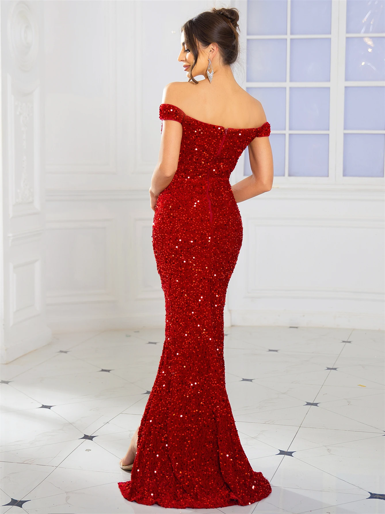 Slash Neck Sequin Long Party Maxi Dress Off the Shoulder Cut Out Ruched Sleeveless Evening Gown Red Sky Blue