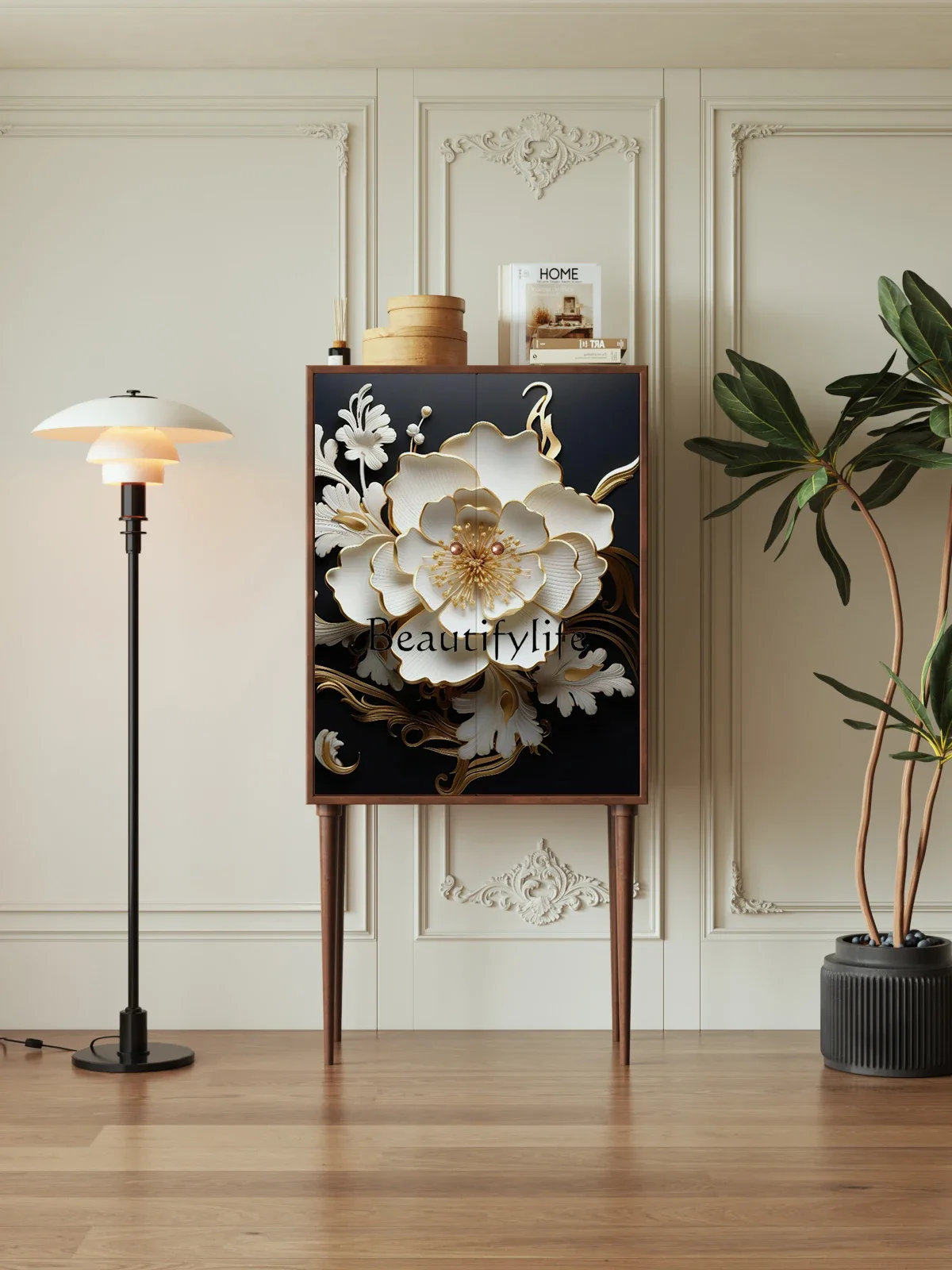 Modern French three-dimensional texture tall cabinet solid wood retro decorative cabinet