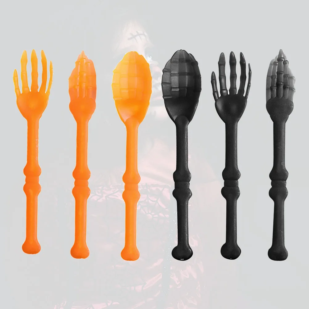 

6pcs Halloween Party Tableware Set Bone Shape Plastic Forks Spoons Orange Black Disposable Cutlery For Themed Party