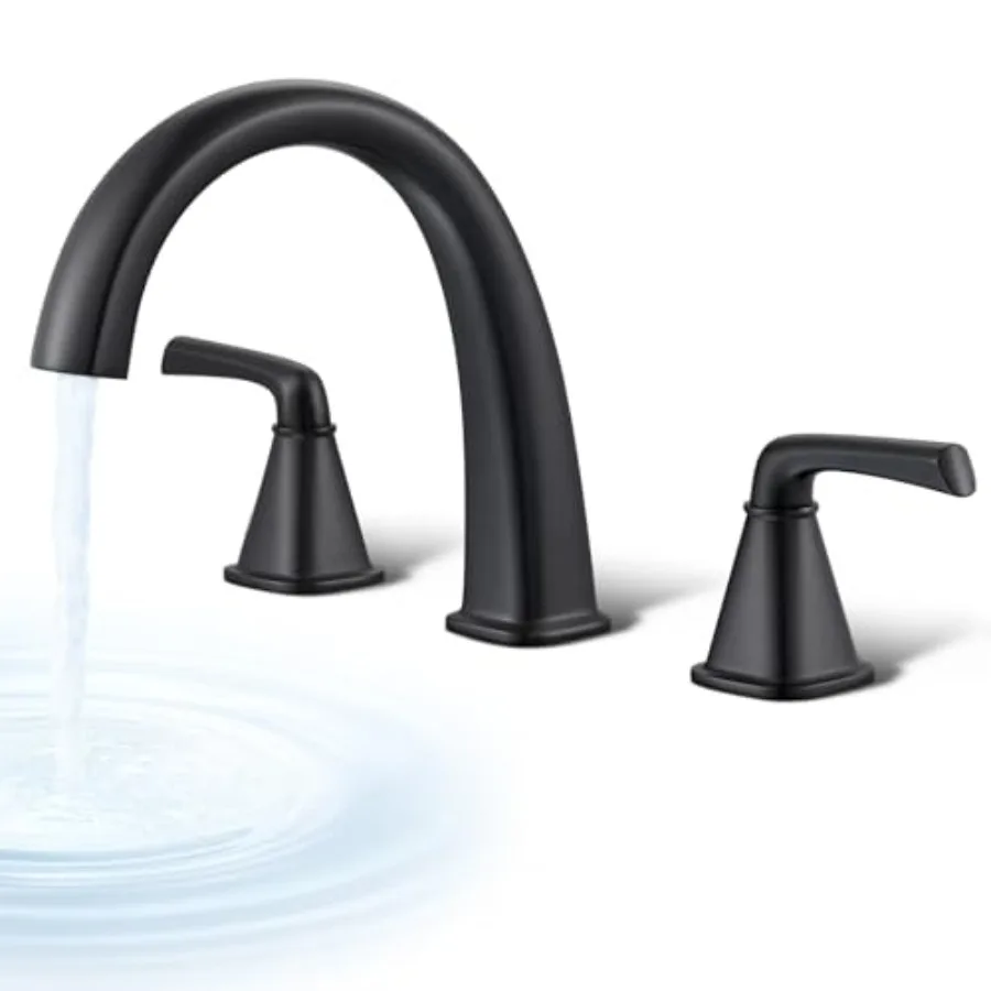 Grifo de bañera negro de latón, estilo romano, con cuello de cisne, para bañera de jardín, de montaje en cubierta, 3 orificios, alto caudal, 2 manijas