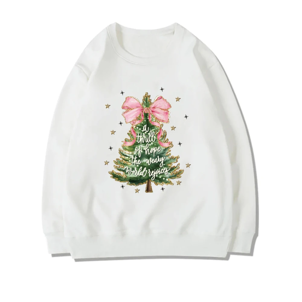 Colorful Coquette Christmas Tree Print Sweatshirt Girly Christmas Tree Bow Hoodie Winter Girl Long Sleeve Clothes Xmas Party Top