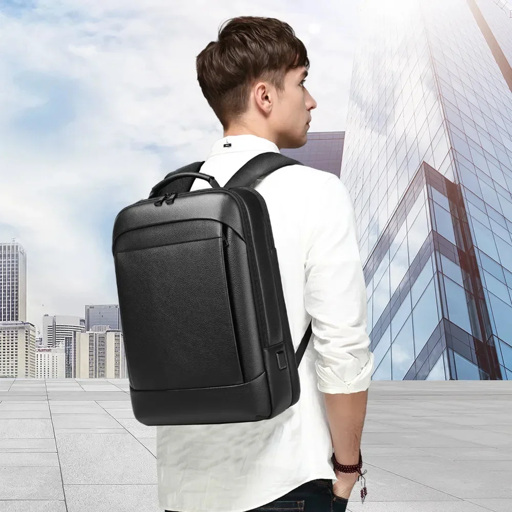 Mochila nueva de piel de vaca con capa superior para hombre, mochila informal de negocios resistente al agua para ordenador portátil de 15,6 pulgadas con USB, 2025