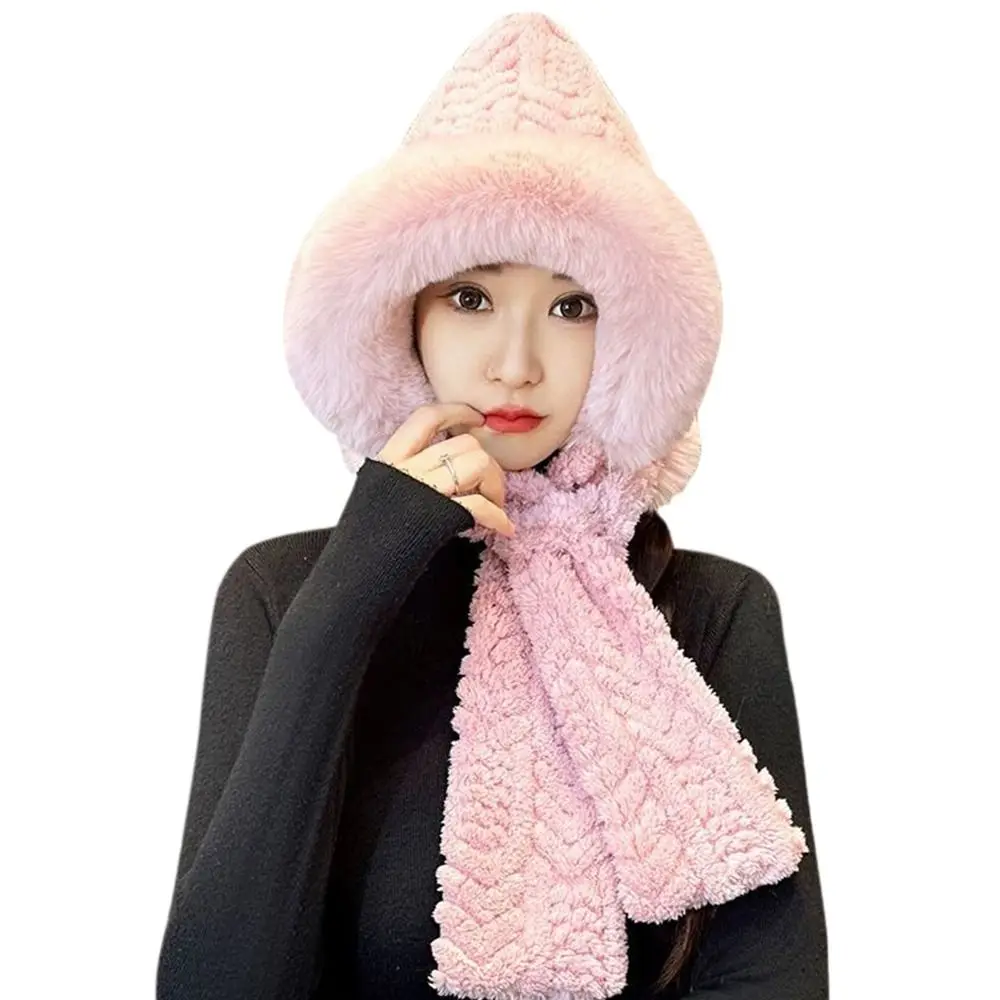 Gorro integrado de felpa para invierno, bufanda cálida a prueba de viento, gorro con protección para los oídos, gorro informal suave, bufanda para exteriores