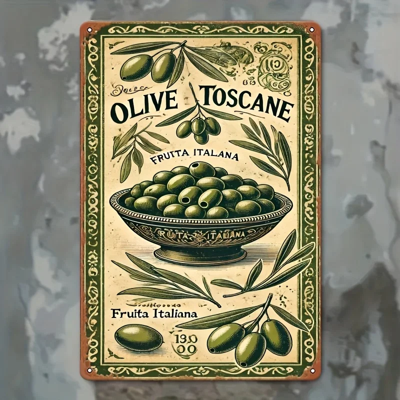 Plano 2D, Arte de pared 2D - Pintura estilo oliva toscana - Imagen retro de hojalata de metal, decoración artística, fácil instalación, 19,81x29,97 cm, pulgadas
