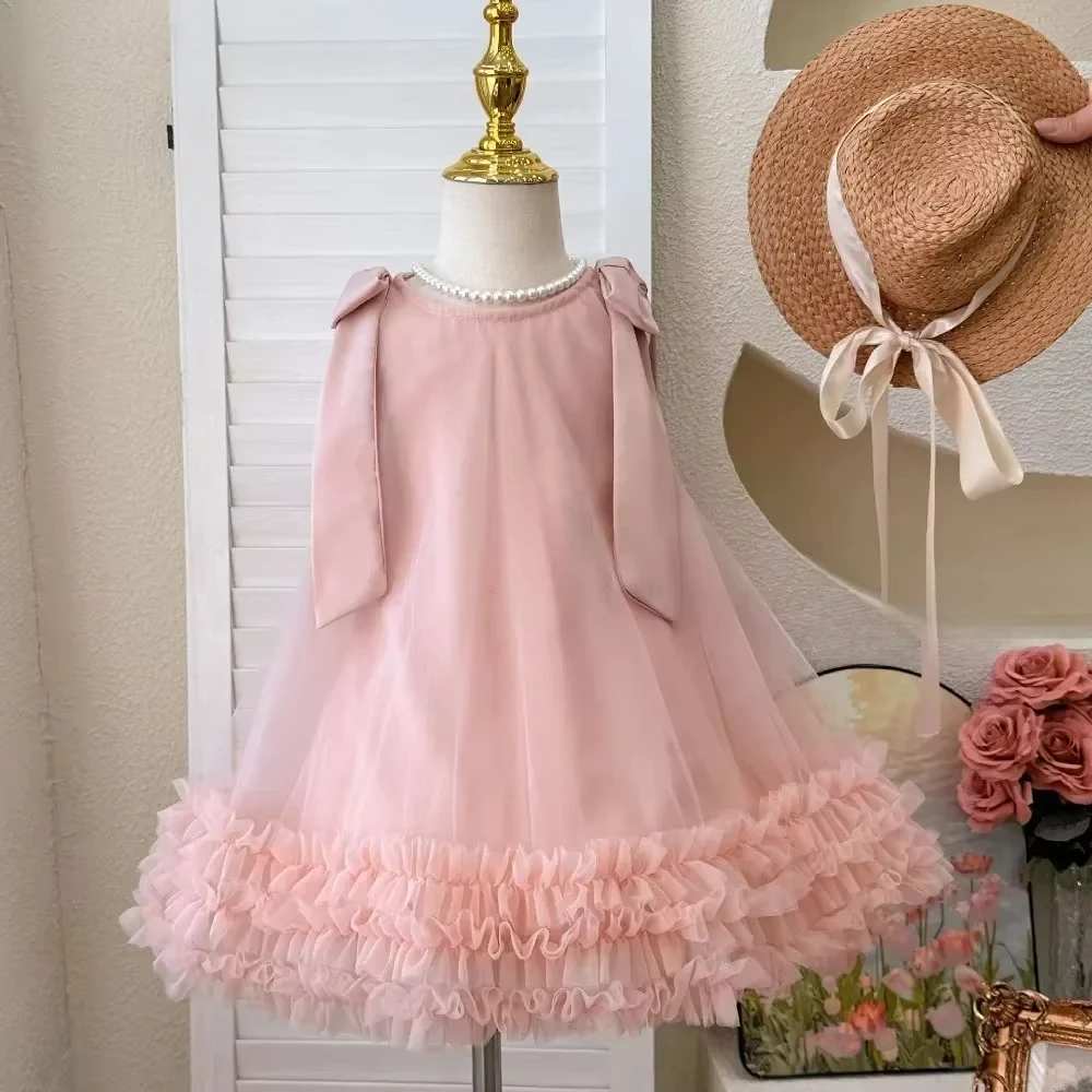 Ostern Rosa ärmellose Prinzessinnenkleider Sommer Mesh Schleife Dekoration Kostüme für Mädchen 2025, Kleinkindkleid 3 bis 7 Jahre alt