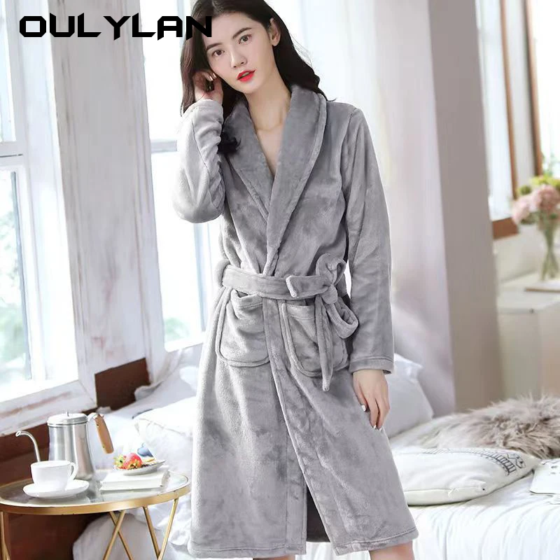 Oulylan Women Men Flannel Bath Robe Sleepwear 2024 Autumn Winter Solid Plush Couple Bathrobe Thick Warm Female Robe