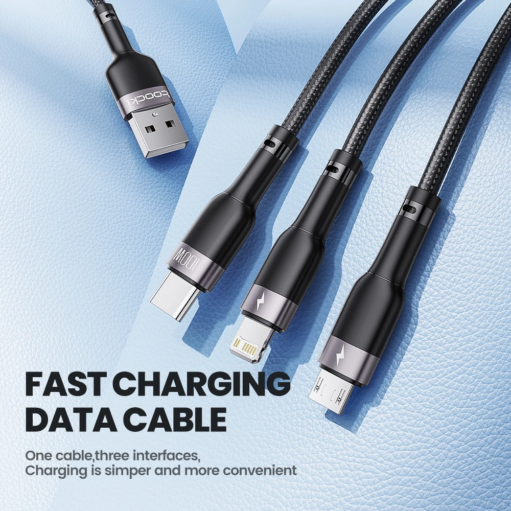 Toocki 3-in-1 USB Charging Cable Micro USB Type-C Cable for iPhone 14 13 for Samsung Huawei Xiaomi Mobile Phones Data Cords
