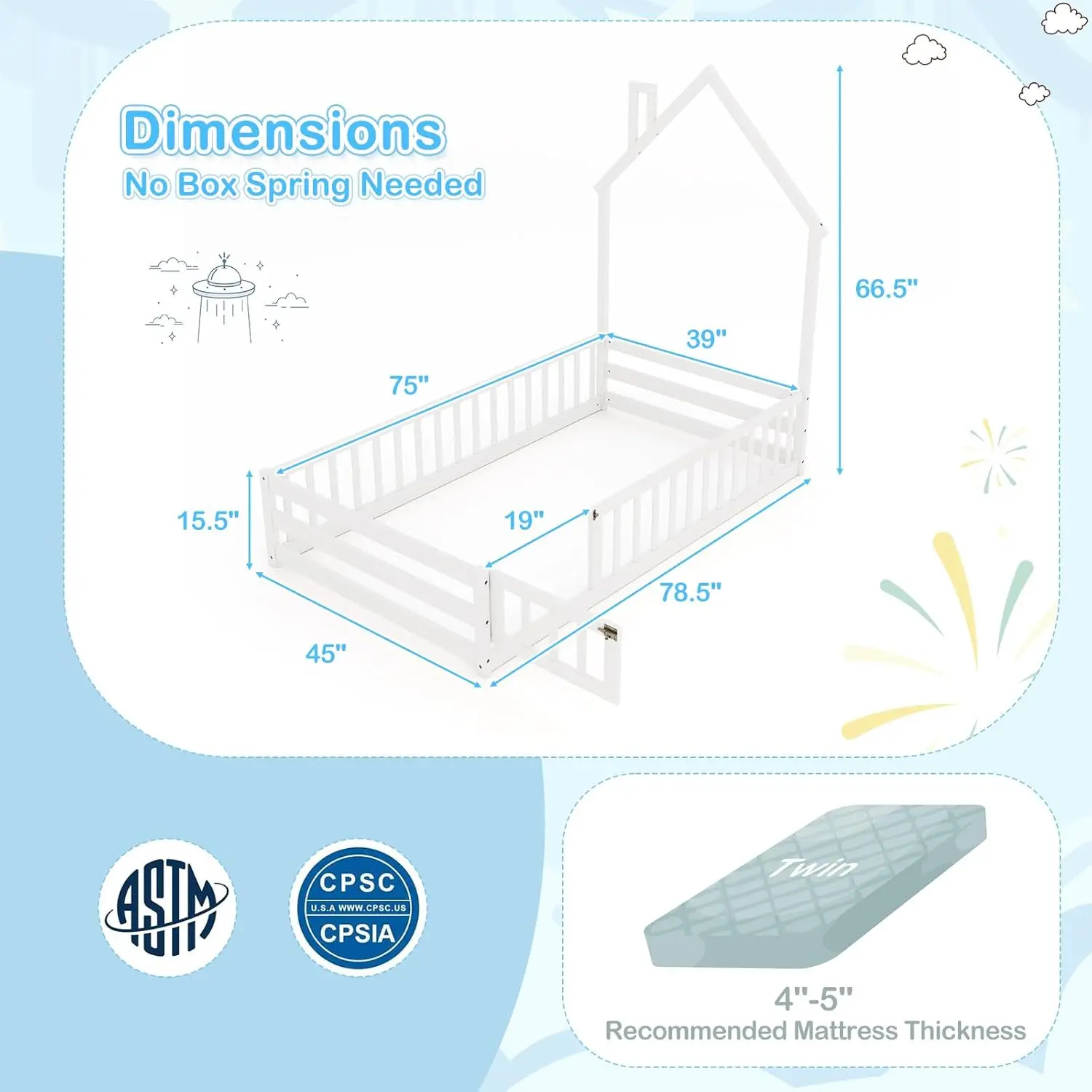 Twin Floor Bed, House-Shaped Montessori Bed Frame with Headboard, Full-Length Guardrail, Chimney & Solid Wood Structure, Without