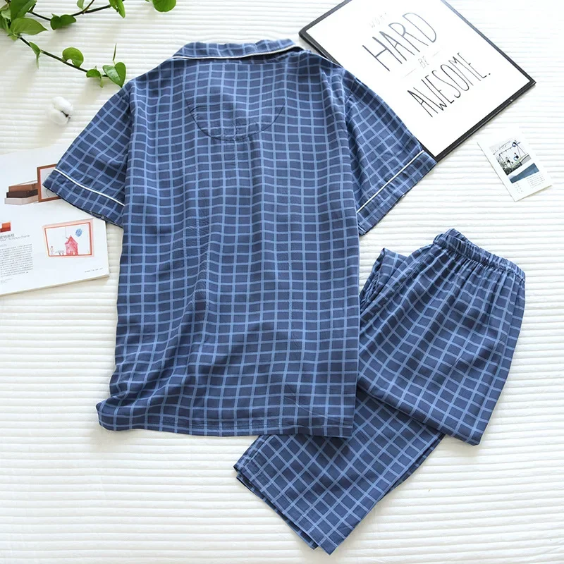 2024 new men\'s short-sleeved trousers pajamas two-piece 100% viscose spring and summer thin plaid large size home service cover