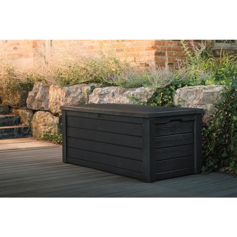 Outdoor Storage Deck Box, 150 Gallon Resin Patio Bin & Bench, Solid, Dark Grey