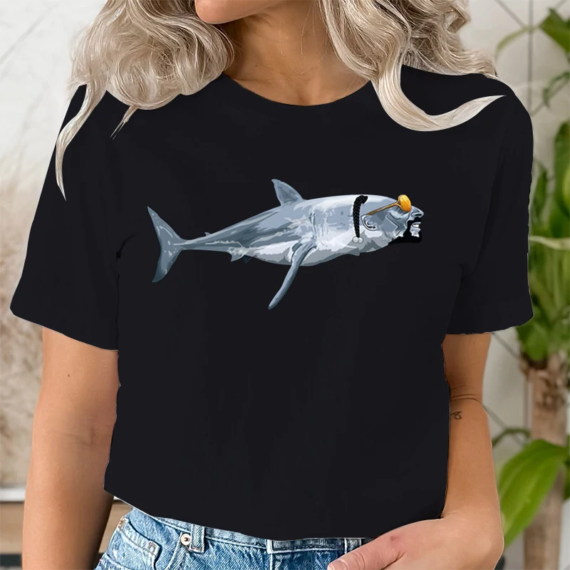 Casual Ladies Shark Print T-shirts Clothing Short Sleeve Clothes Fashion Trend Summer Women T-Shirts Grey Female Graphic Tee