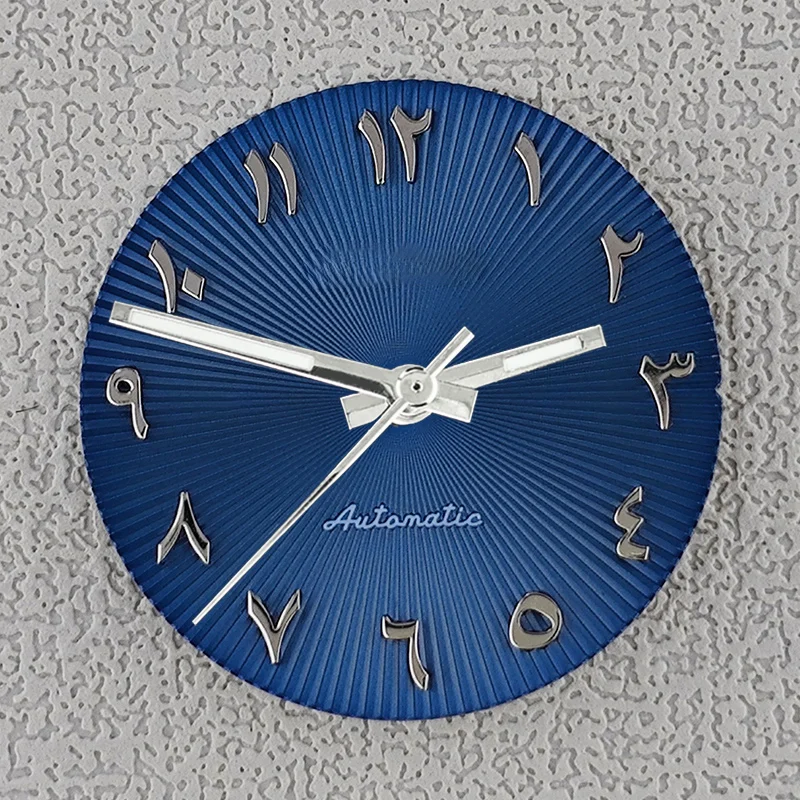 28,5 mm Zifferblatt mit Zeigern, arabischen Ziffern, radiale Textur, passend für NH35 NH36 Zifferblätter, Automatikwerk
