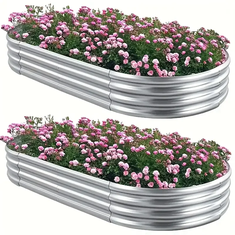 

2 pieces of galvanized coating elevated garden beds, outdoor zinc-coated planting garden boxes, oval large metal vegetable plant