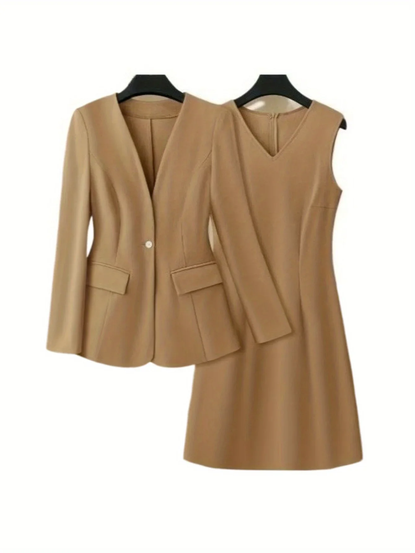 Vrouwen Elegant Office Lady V-hals Jurk Past Pure Kleur Mouwloze Kokerjurk Professionele Casual Pak Set Lente Herfst
