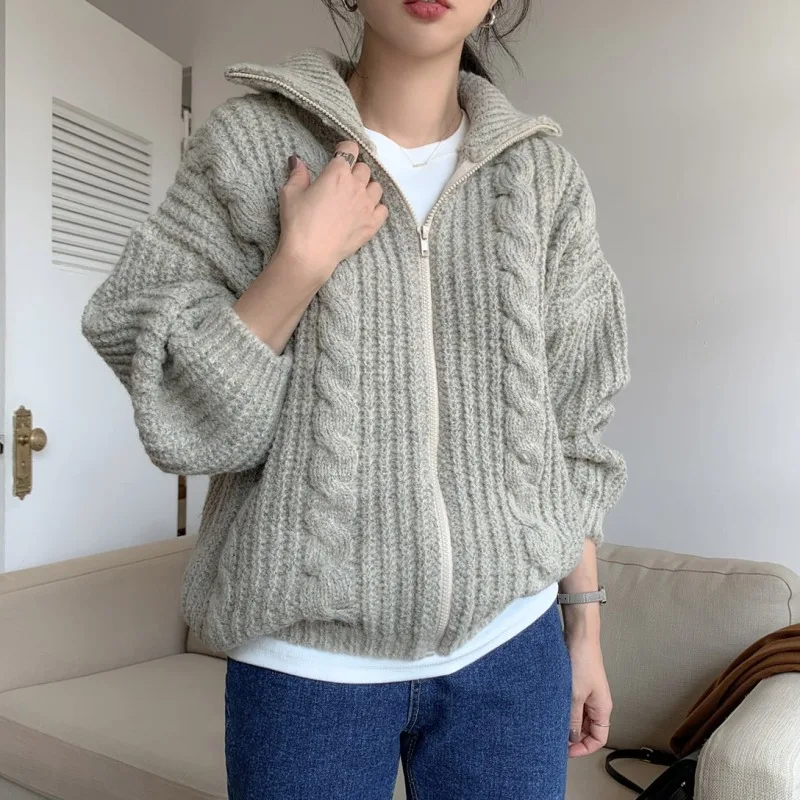 Autumn Winter Thicken Knitted Cardigan Sweaters for Women Zip Up Twist Cable Knit Jacket Loose Coat Outerwears 2023