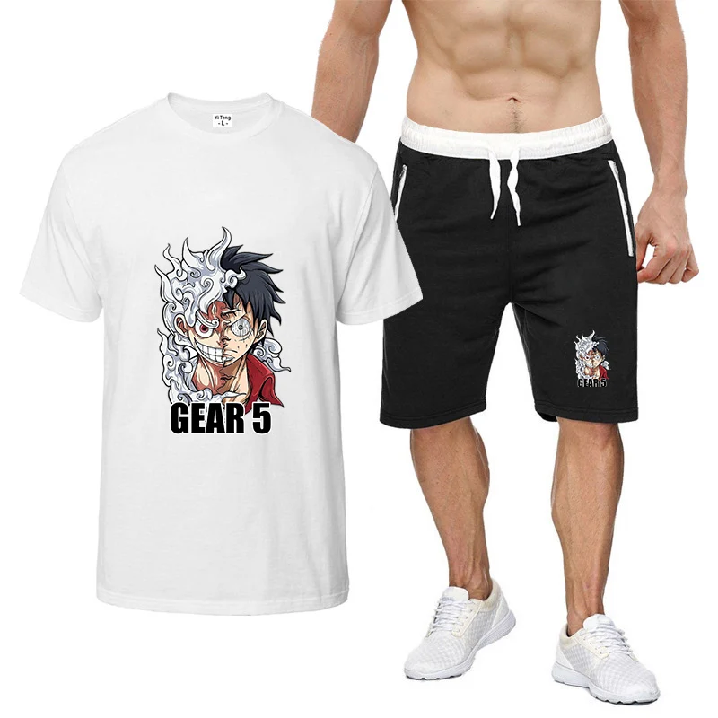 2026 One Piece Luffy Men's New Summer Gear 5 Nika Print Nine Color Short-sleeved Set Trendy Cotton T-shirt + Shorts Suit